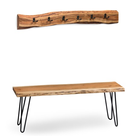 Alaterre Furniture Hairpin Natural Live Edge 48" Bench with Coat Hook Set AWDD042420